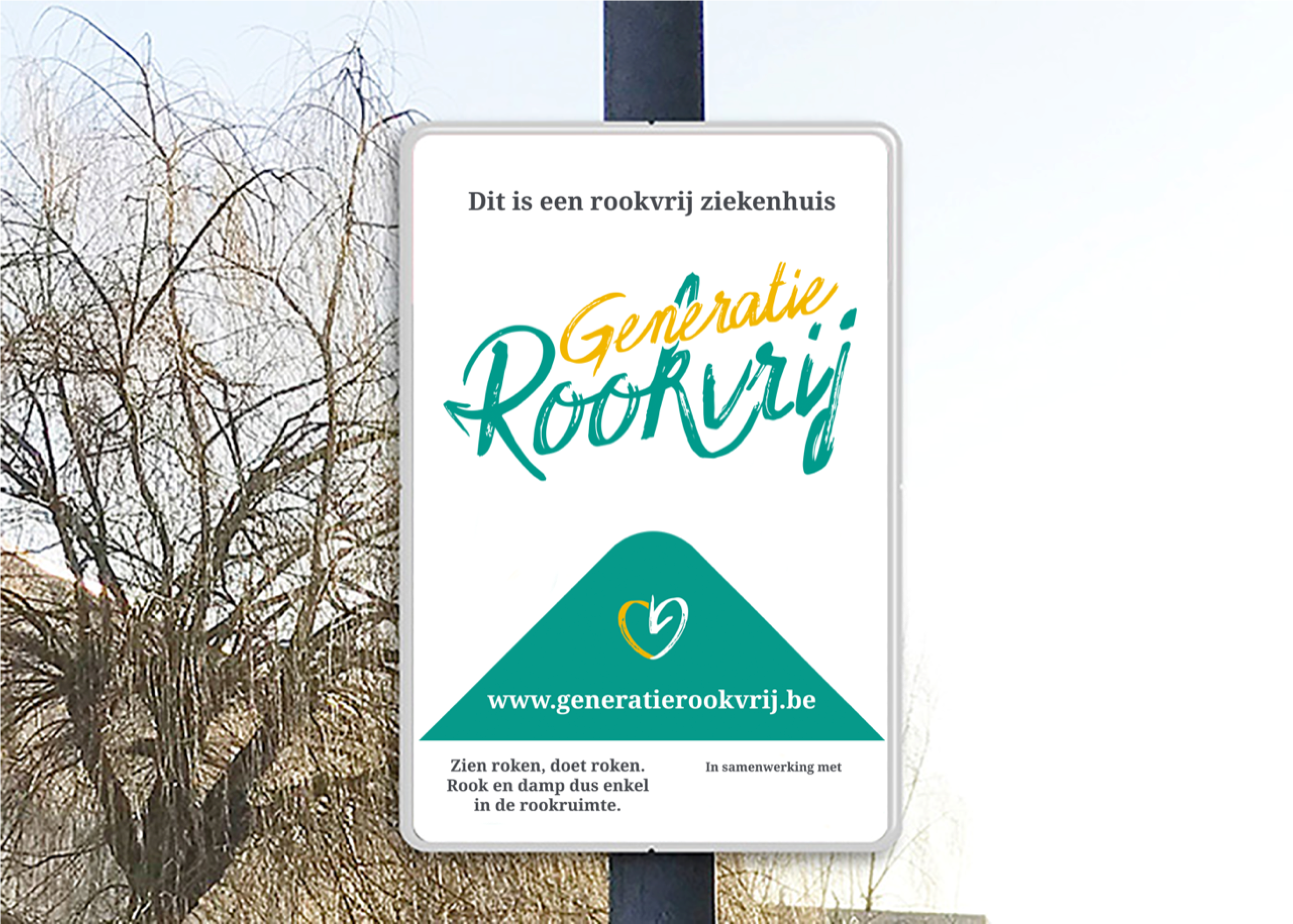 Verkeersbord met beugel Rookvrij Ziekenhuis